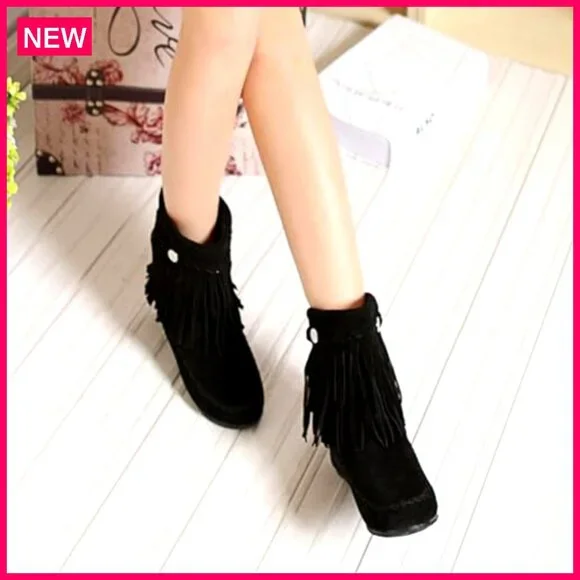 Suede Tassel Ankle Boots Hidden Wedge Heel Western Booties Slip On